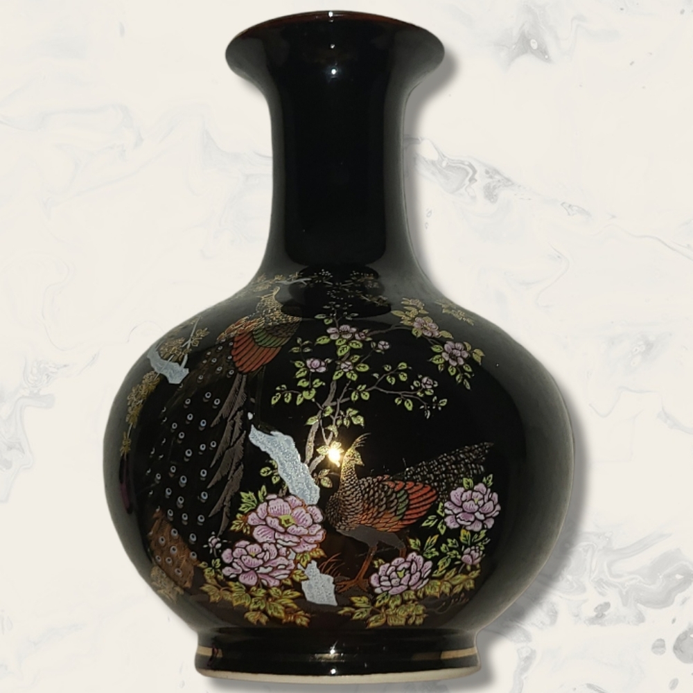 Ceramic Japanese Vase With Peacock and Flowers